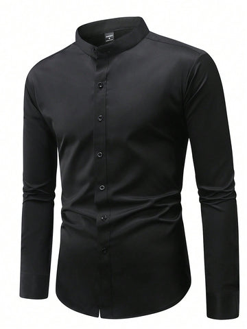 Men's Solid Color Stand Collar Long Sleeve Shirt