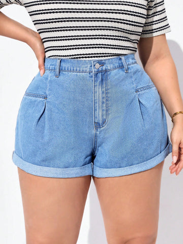 Plus Size Loose Fit Casual Women's Denim Shorts, Blue