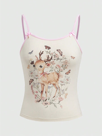 Deer Print Camisole Top With Bow Decoration