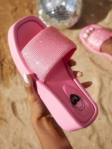 Women's Wedge Heel Thick Sole Sandals With Waterproof Platform, Pink, Inlaid With Bright Rhinestones