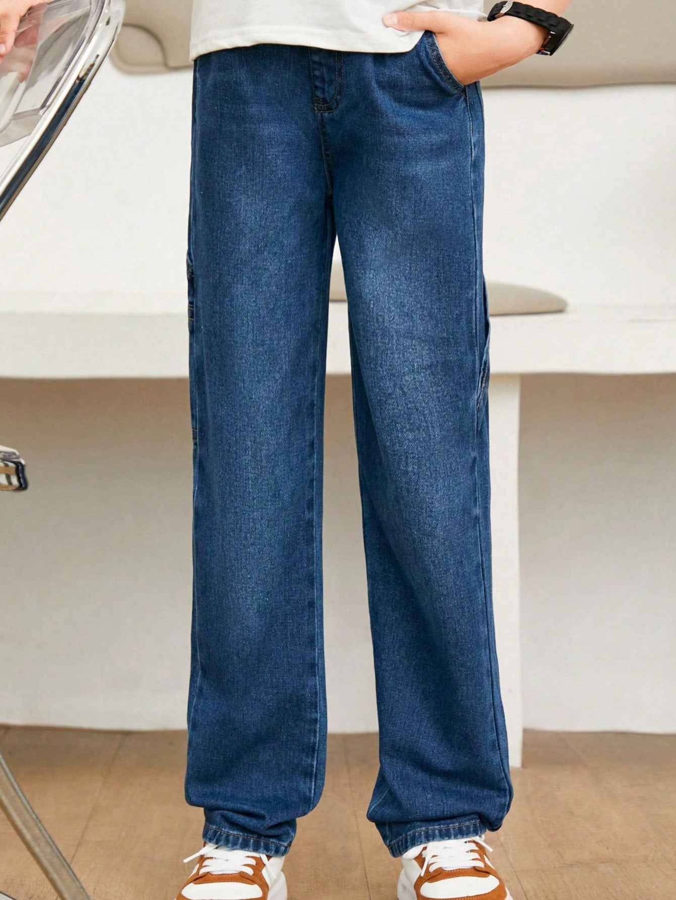 Teen Boys Basic Casual Street Style Dark Washed Elastic Waist Straight Leg Jeans