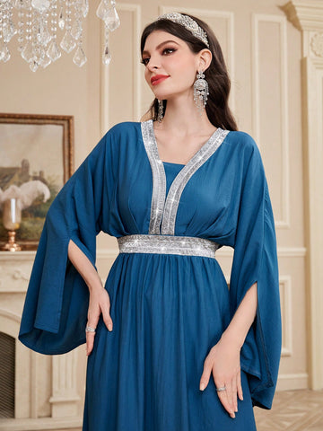 Women's Patchwork Glitter Flare Sleeve Arabic Style Dress
