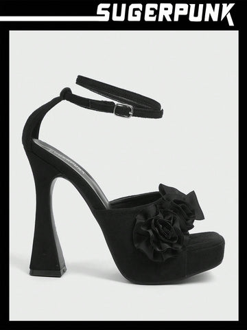 Women'S Sexy Floral High Heels With Thick Soles, Chunky Heel And Waterproof Platform, Y2k Black Sandals For Summer
