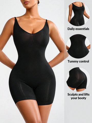 Women's Solid Color Slim Fit Round Neck Bodycon Romper With Spaghetti Straps For Shapewear