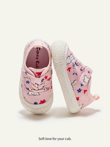 Girls' Pink Canvas Shoes With Cartoon Rabbit Pattern And Closure, Fashionable, Comfortable, Suitable For Daily And Sports Wear, Four Seasons(Random Pattern)