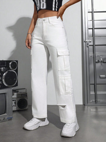 Ladies' Cargo Style Denim Jeans With Multiple Pockets