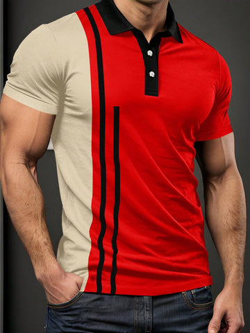 Men's Loose Fit Color Block Polo Shirt With Short Sleeves And Button Closure