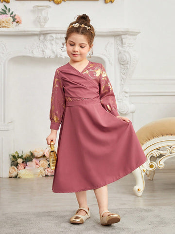 Young Girl Festival Long Sleeve Princess Dress With Gold Foil Print, Suitable For Party And Performance In Summer