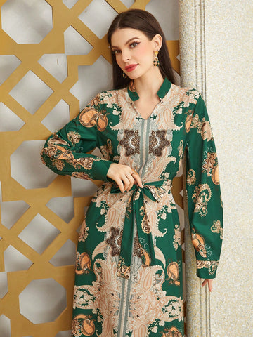 Women's Long Sleeve Arabian Caftan Dress With Paisley Print