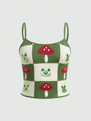 Women's Knitted Tank Top With Mushroom & Cartoon Frog Pattern