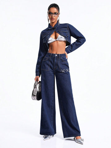 Chain Decorated Wide Leg Jeans