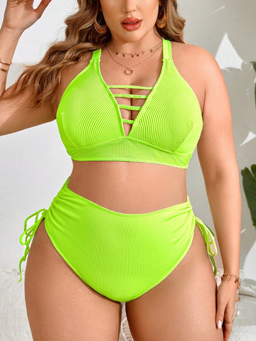 Plus Size Fluorescent Green Swimwear Set