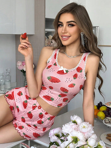 Strawberry Print Lace Trimmed Pajama Set