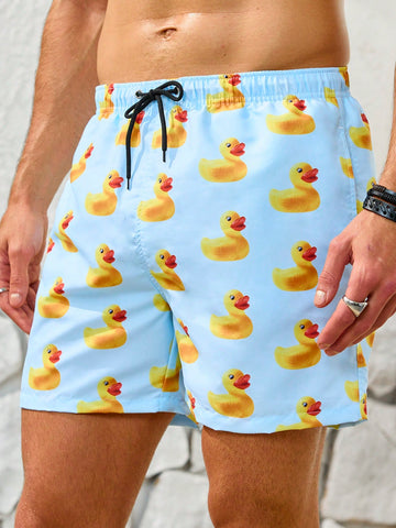 Men's Duck Print Drawstring Waist Beach Shorts
