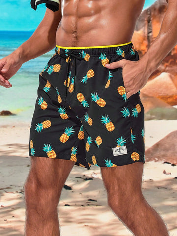 Men's Pineapple Print Drawstring Waist Beach Shorts, Summer Vacation
