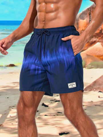 Men's Drawstring Waist Gradient Color Beach Shorts With Slanted Pockets