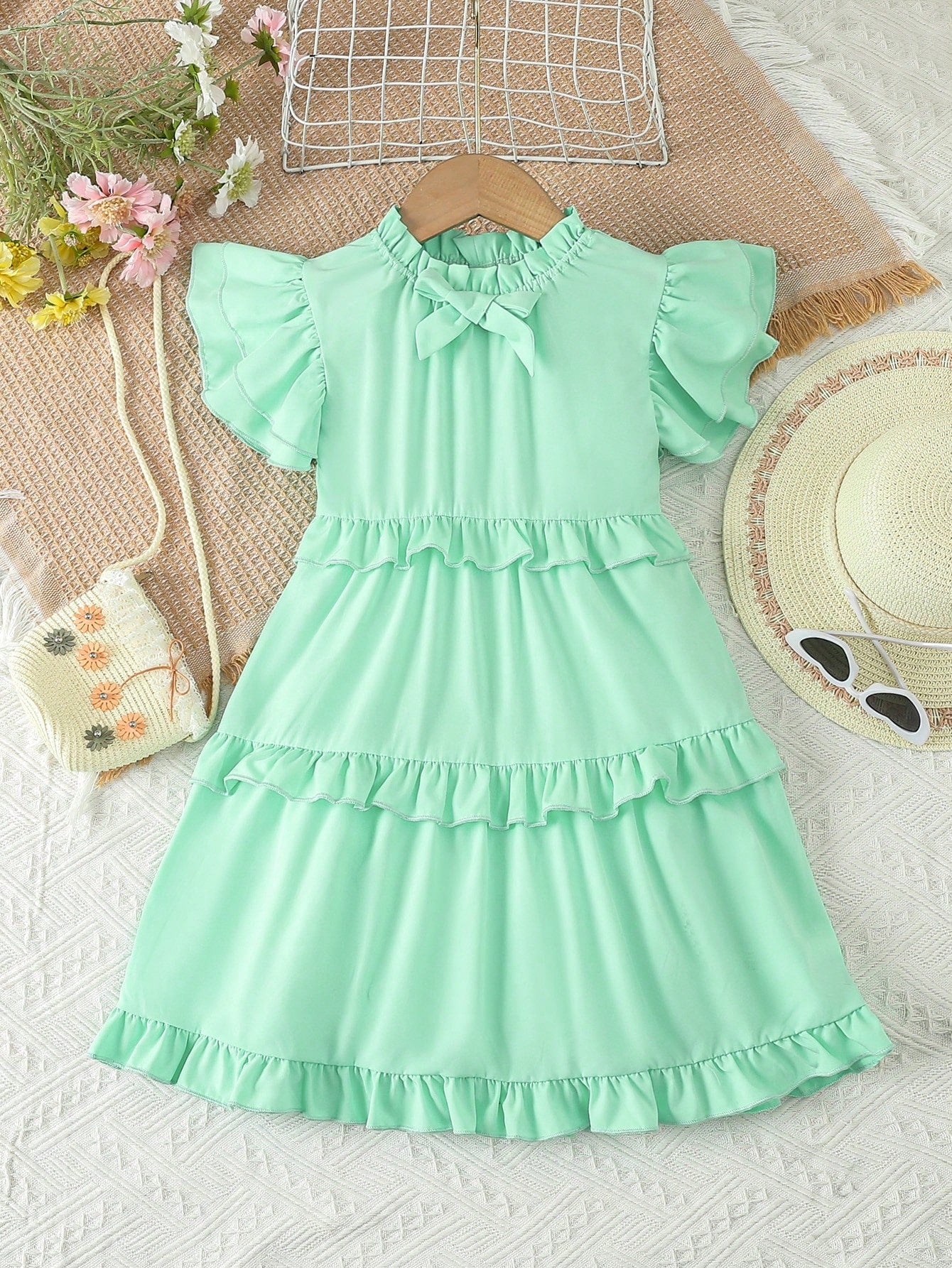 Young Girl's Summer Ladylike Medium Length Cake Dress With Ruffle Neckline, Bow Tie & Butterfly Sleeve Design