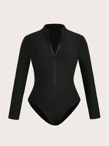 Plus Size Black Zipper Long Sleeve Bodysuit