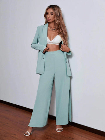 Women's Solid Color Check Lapel Long Sleeve Blazer And Pants Suit Set