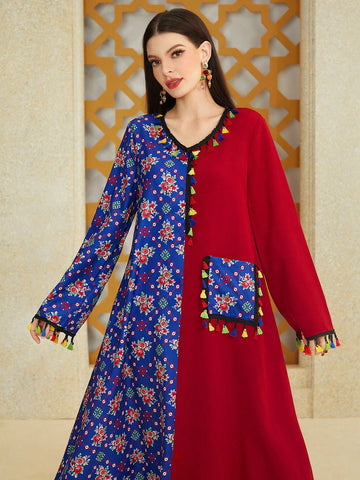 Floral Print & Fringed Patchwork Long Sleeve Arabic Dress
