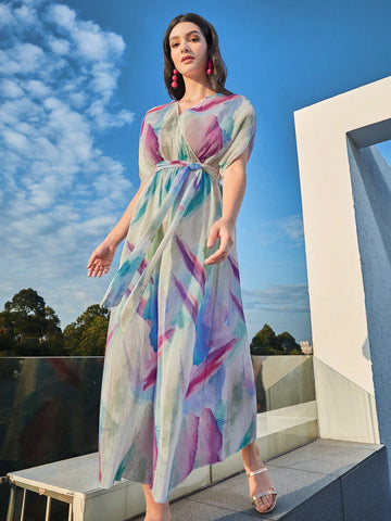 Women's Tie Dye Batwing Sleeve Wrap Dress