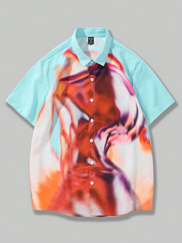 Men's Short Sleeve Shirt With Vintage Portrait Print, Suitable For Spring And Summer