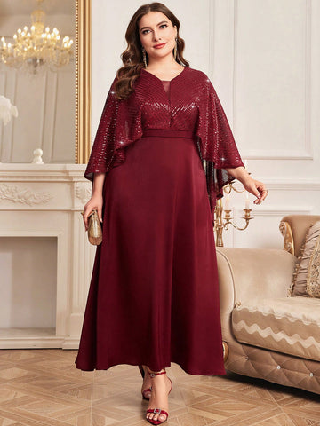 Plus Size Women's Glittery Sequin Splice High Waist Evening Maxi Dress
