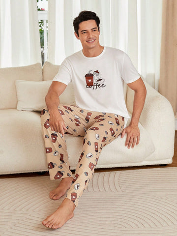 Men's Cartoon Coffee Printed Short Sleeve Top And Long Pants Pajama Set