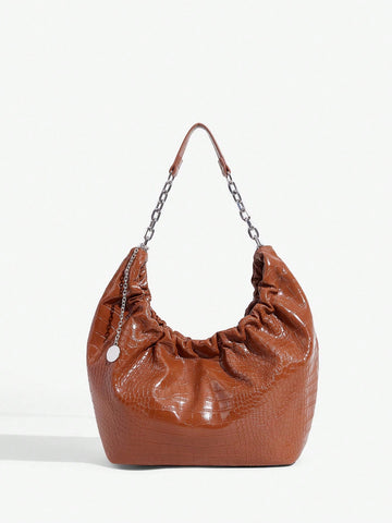 Women Chain Decoration Shoulder Bag, Work Bag, Big Capacity, Brown Bag, Crocodile Pattern