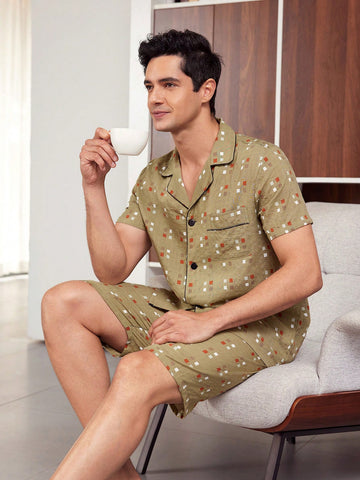Men's Geometric Pattern Short Sleeve Shirt Pajama Set