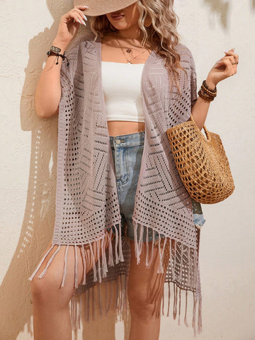 Plus Size Solid Color Hollow Out Knitted Fringed Hem Cardigan