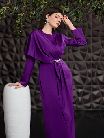 Women's Asymmetrical Long Sleeve Belted Arabian Style Dress