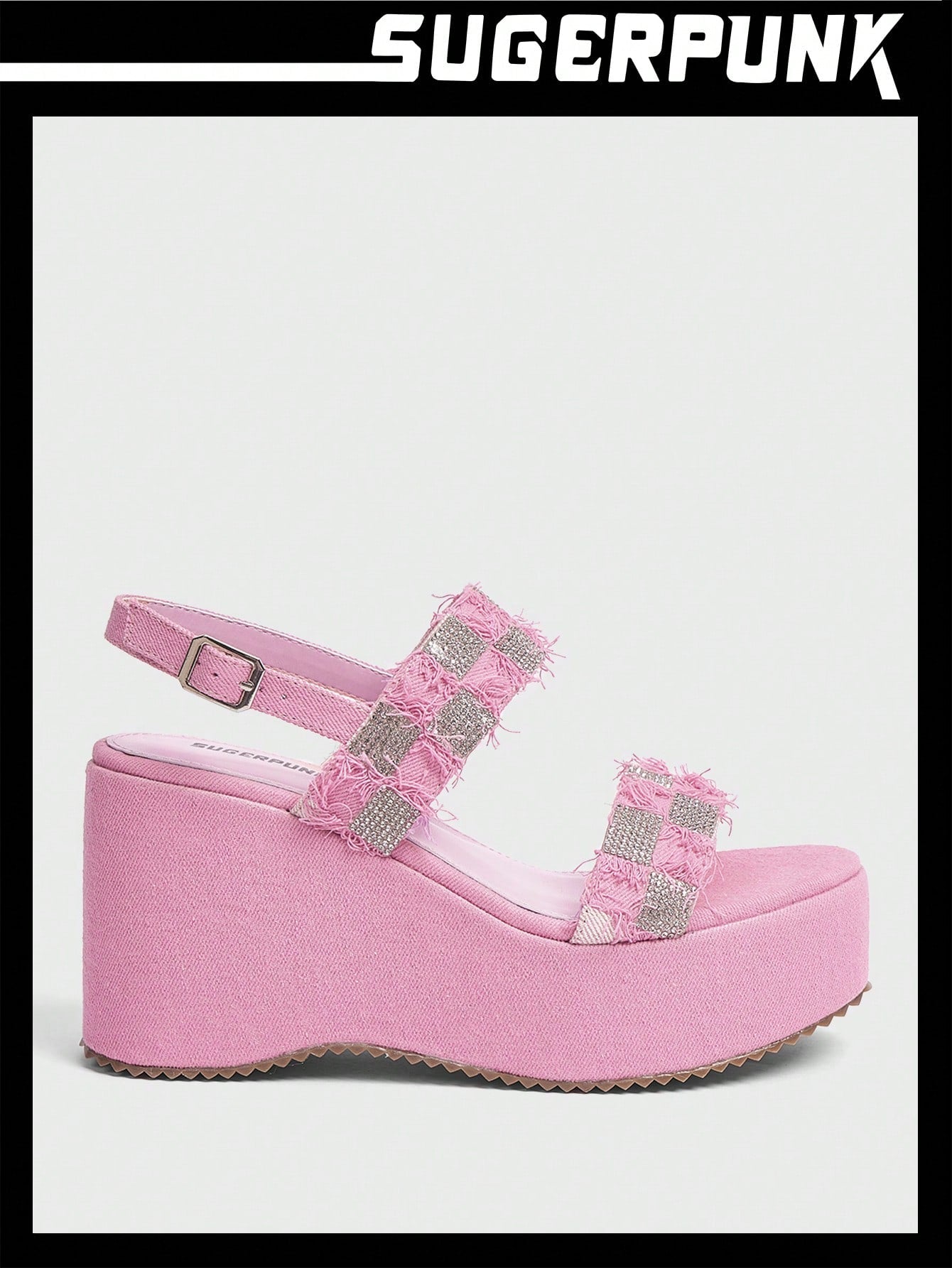Women's Party Style Round Toe Platform Wedge Heel Thick Sole Diamond Decor Pink Denim Fashionable Streetwear Sandals