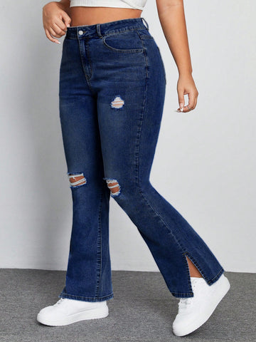Plus Size Flared Jeans With Distressed Detail