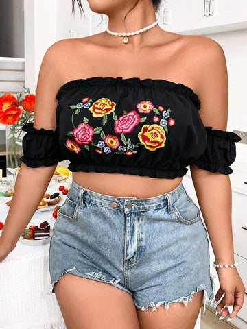 Plus Size Floral Embroidered Cropped Off-The-Shoulder Top