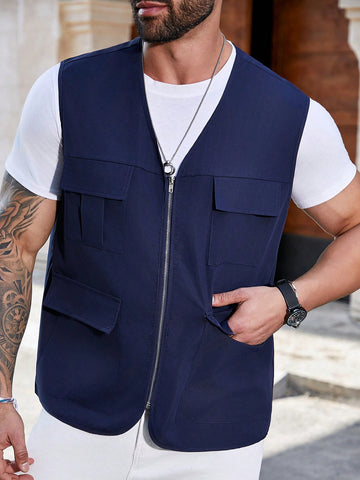 Men's Plus Size Jacket With Vest Front, Flap Pockets, And Front Zipper