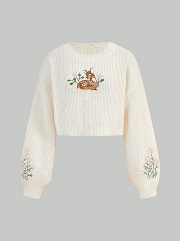 Women's Round Neck Pullover Sweater With Reindeer Embroidery