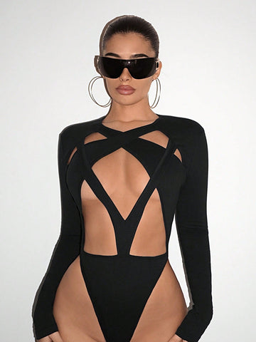 Ladies' Hollow Out Long Sleeve Y2K Sexy Black Bodysuit