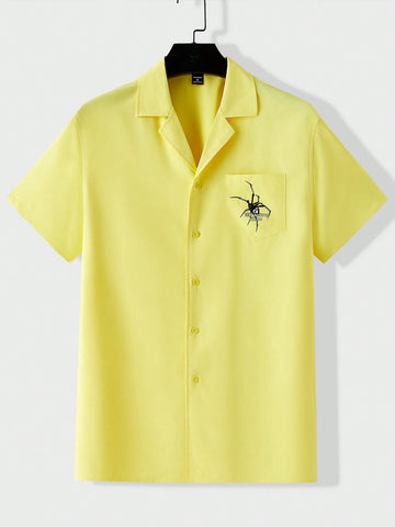 Men's Spider Printed Short Sleeve Woven Casual Shirt With Slogan