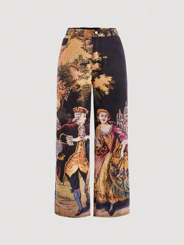 St Patrick Day Renaissance Baggy Pants Vintage Loose Fit Oil Painting Print Wide Leg Jeans For Plus Size Women, Casual
