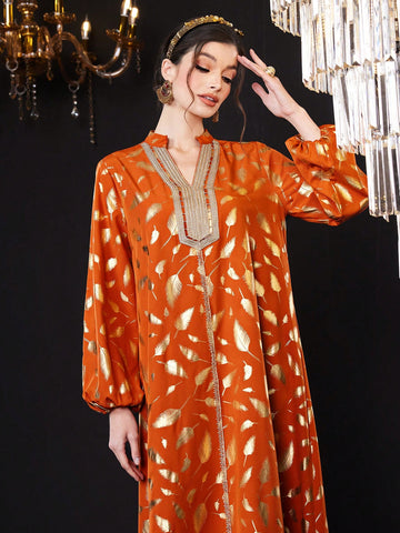 Ladies' Fashionable Feather Printed Notched Collar Dress With Lantern Sleeve