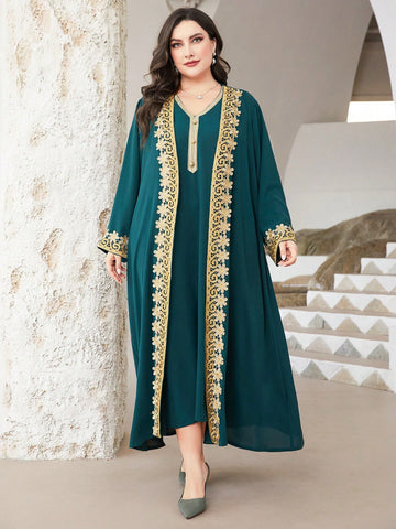 Plus Size Color Block Embroidery Applique Long Sleeve Abaya And V-Neck Sleeveless Dress Set