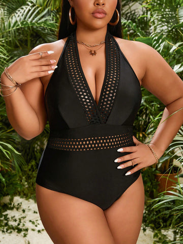 Plus Size Solid Color Sexy Deep V-Neck Halter Hollow Out One-Piece Swimsuit