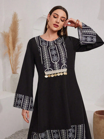 Women's Floral Print & Sequin Patchwork Modest Arabic Style Jalabiya Dress
