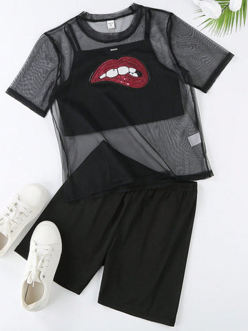 Teen Girl Sequined Lips Pattern Sheer Short Sleeve Top, Camisole Top And Shorts