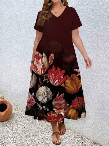 Plus Size Women's Spring Floral Printed Short Sleeve Long Slim-Fit Dress