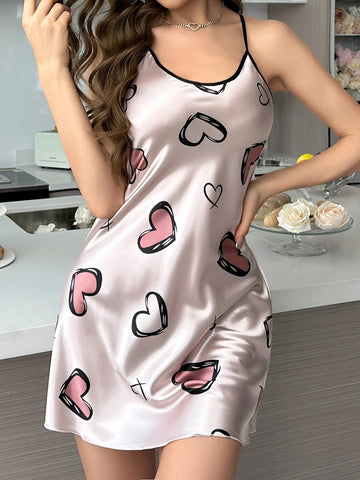 Color Block Heart Print Silk-Like Cami Sleepwear Dress For Women