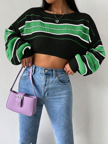 Color Block Striped Drop Shoulder Cropped Sweater