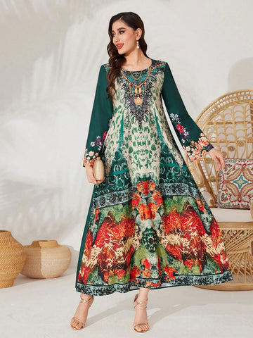 Women's Vintage Printed Long Sleeve Casual Jalabiya Dress