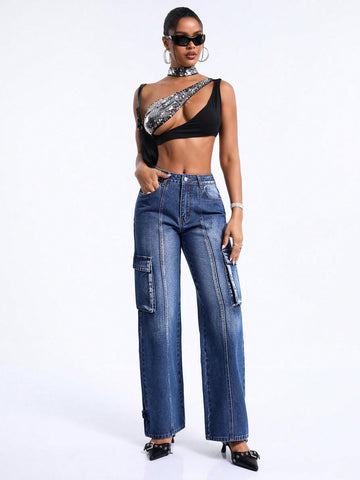 Women's Fashionable Cargo Denim Pants With Exposed Stitching And Pockets